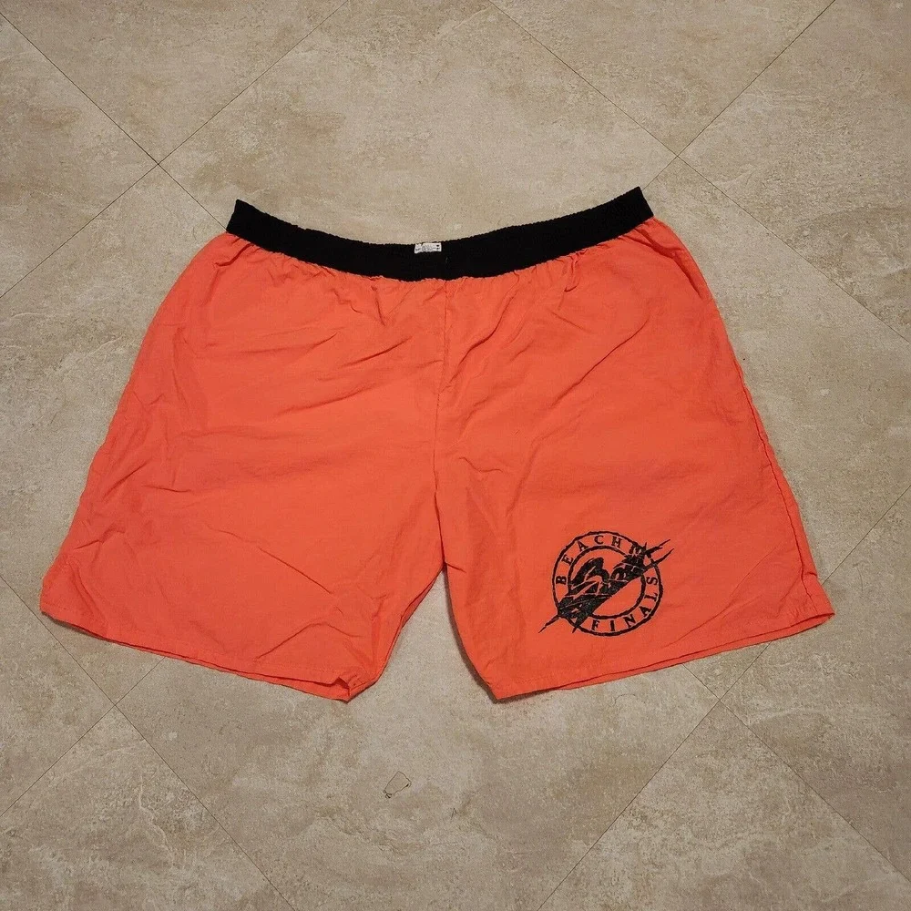 VTG Lightning Bolt Men XL USA Made Retro Orange Elastic Swim Trunks Board Shorts